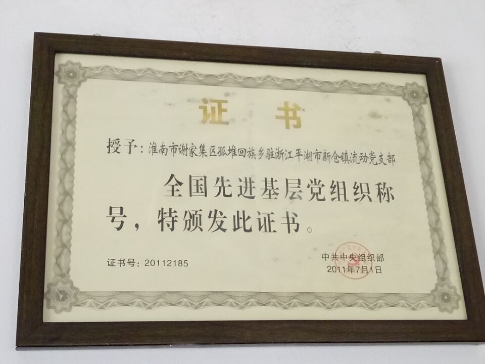 03浙江平湖安徽省淮南市謝家集區(qū)孤堆回族鄉(xiāng)駐新倉鎮(zhèn)流動黨支部獲全國先進基層黨組織稱號.jpg