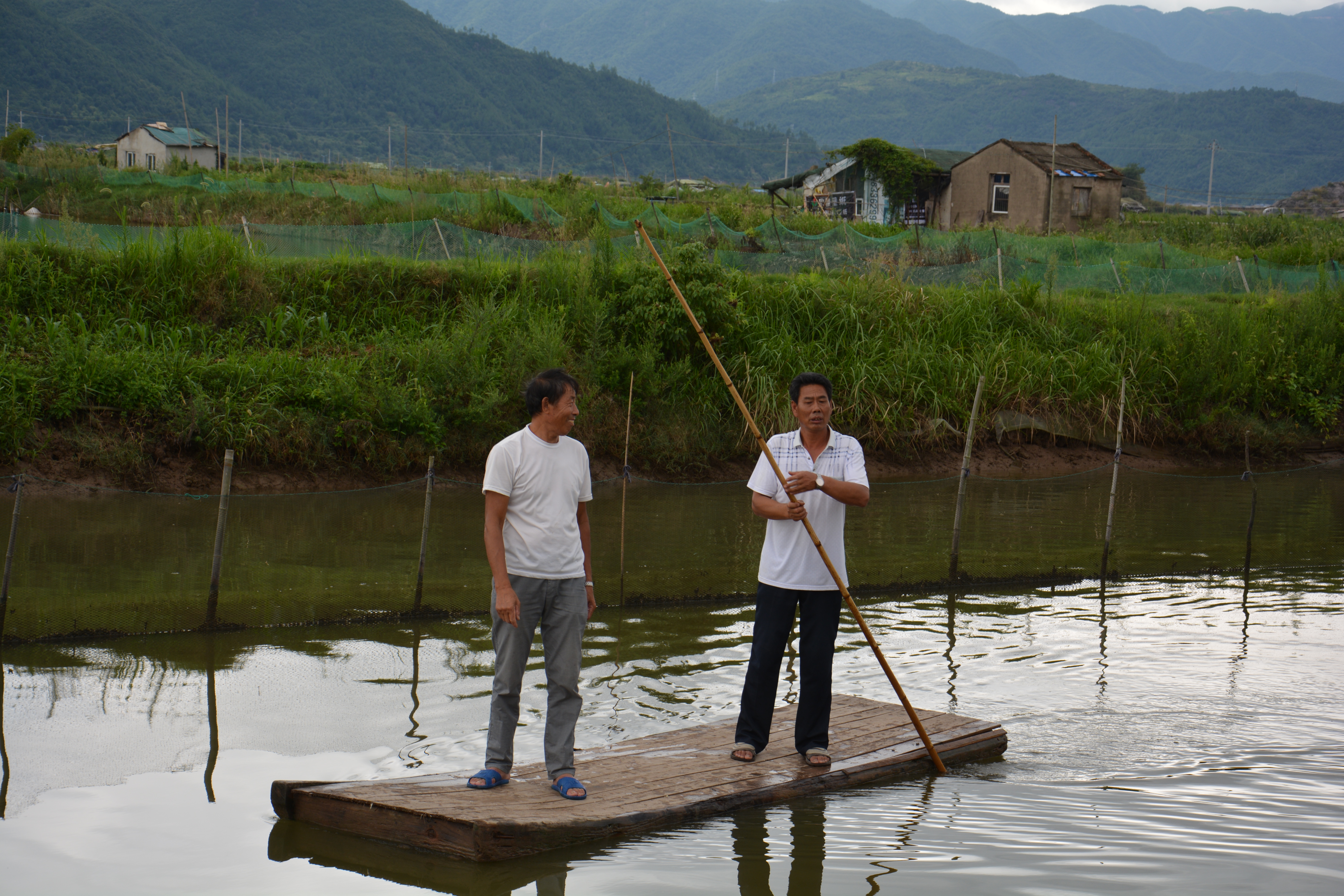 柳正有撐筏查看村民養(yǎng)殖塘情況并現(xiàn)場指導(dǎo).jpg